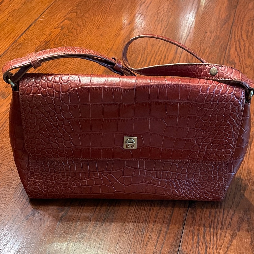 Etienne Aigner Crocodile-Embossed Burgundy Shoulder Bag